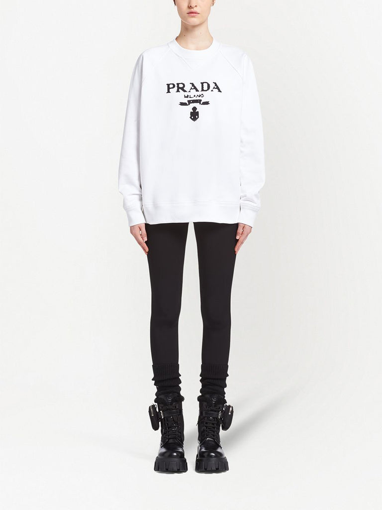 PRADA White Black Terrycloth Logo Crewneck Intarsia Knit \ Sweatshirt Sweater S
