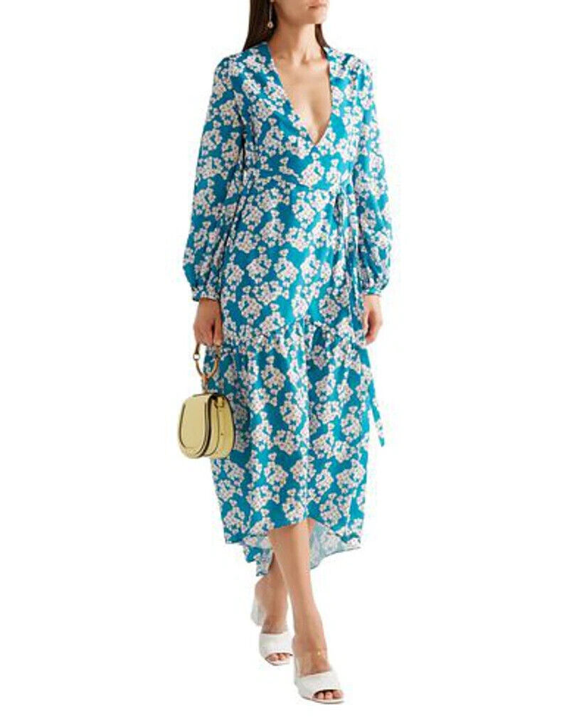 BORGO DE NOR Beatrice Blue Teal Floral Print Asymmetric Tier Midi Maxi Dress 8/4