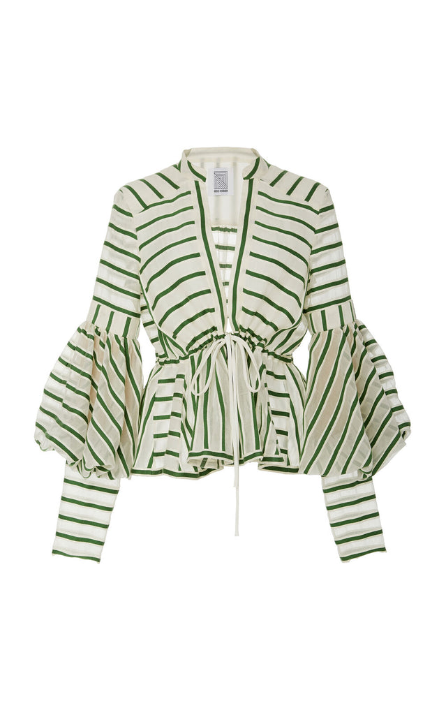 ROSIE ASSOULIN $1,600 White Green Stripe Print Organza Shirt Dress Top Blouse M