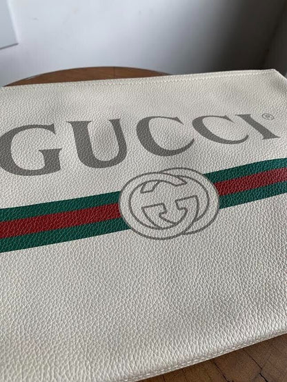 GUCCI Cream Off White Ivory Medium Logo Web Stripe Leather Pouch Clutch Purse
