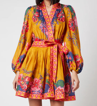 ZIMMERMANN Lovestruck Gold Paisley Linen Floral Long Sleeve Mini Wrap Dress 3/L
