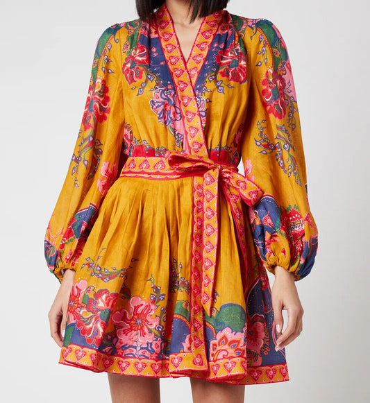 ZIMMERMANN Lovestruck Gold Paisley Linen Floral Long Sleeve Mini Wrap Dress 3/L