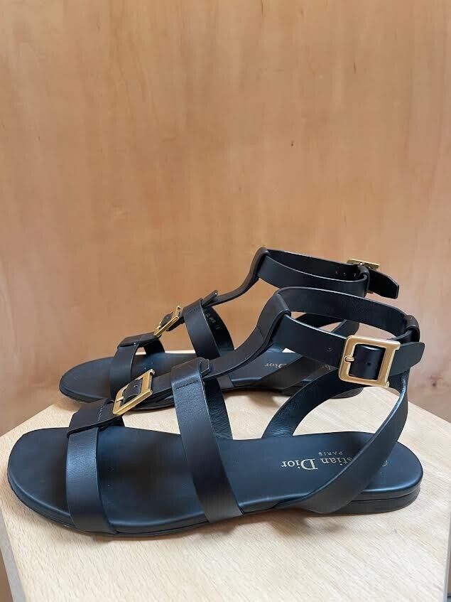 CHRISTIAN DIOR Double-D Black Leather Buckle Strappy Gladiator Flat Sandal 38/8