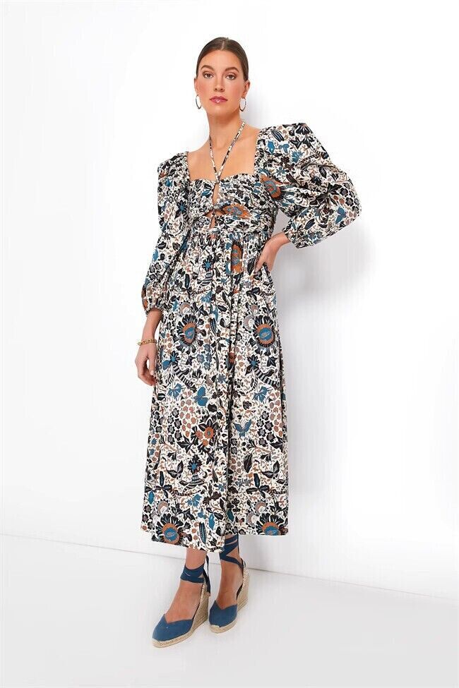ULLA JOHNSON Alessa 23 Clematis White Blue Floral Print Long Sleeve Midi Dress 6