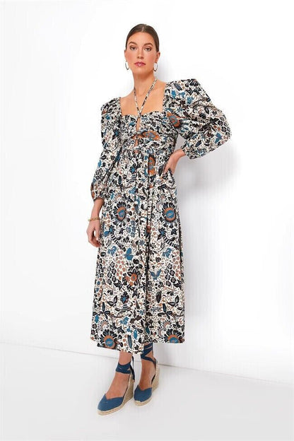 ULLA JOHNSON Alessa 23 Clematis White Blue Floral Print Long Sleeve Midi Dress 6