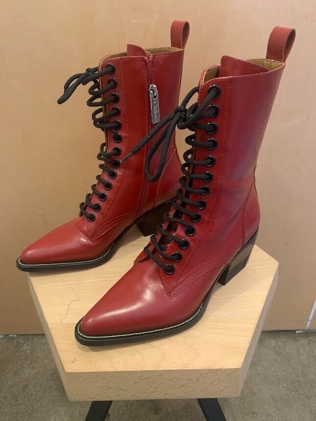 CHLOE Rylee Red Patent Leather Pointed Cuban Heel Lace Up Ankle Boots 36/6/5.5