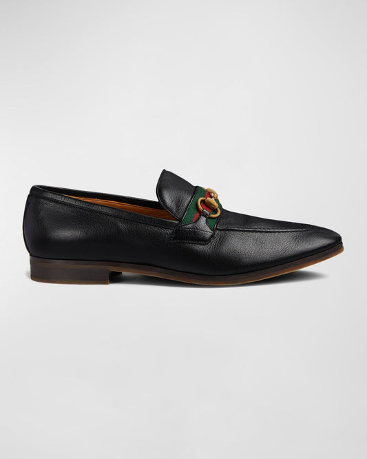 GUCCI Men's Paride Black Leather Web Stripe Horsebit Oxford Flat Loafer Shoe 12