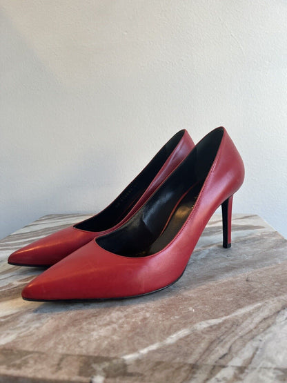 SAINT LAURENT Zoe Lipstick Red Leather 150mm Stiletto Heel Pointed Toe Pump 40.5
