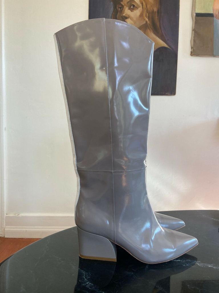 TIBI	Logan Cement Gray Patent Polished Leather Knee High Western Boots 37/7