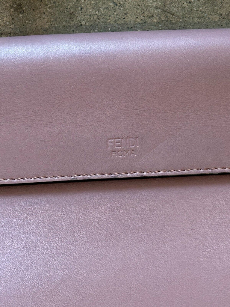 FENDI Kan I Logo F Powder Pink Taupe Calf Leather Gold Flap Shoulder Bag Purse