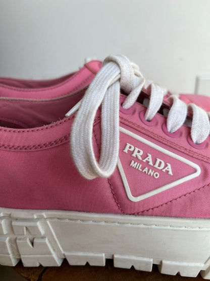 PRADA Double Wheel Gabardine Begonia Pink Nylon Platform Lug Sole Sneaker 38