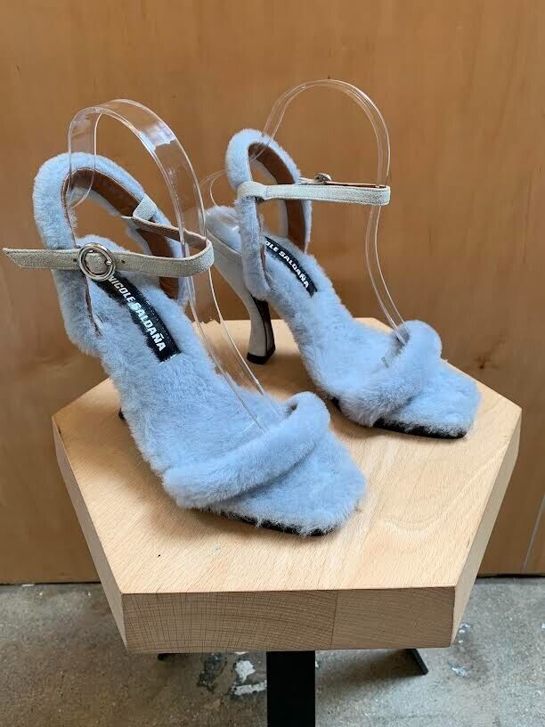 NICOLE SALDAÑA Dylan Shearling Faux Fur  Baby Blue Garmentory Sandal Heel 38/8