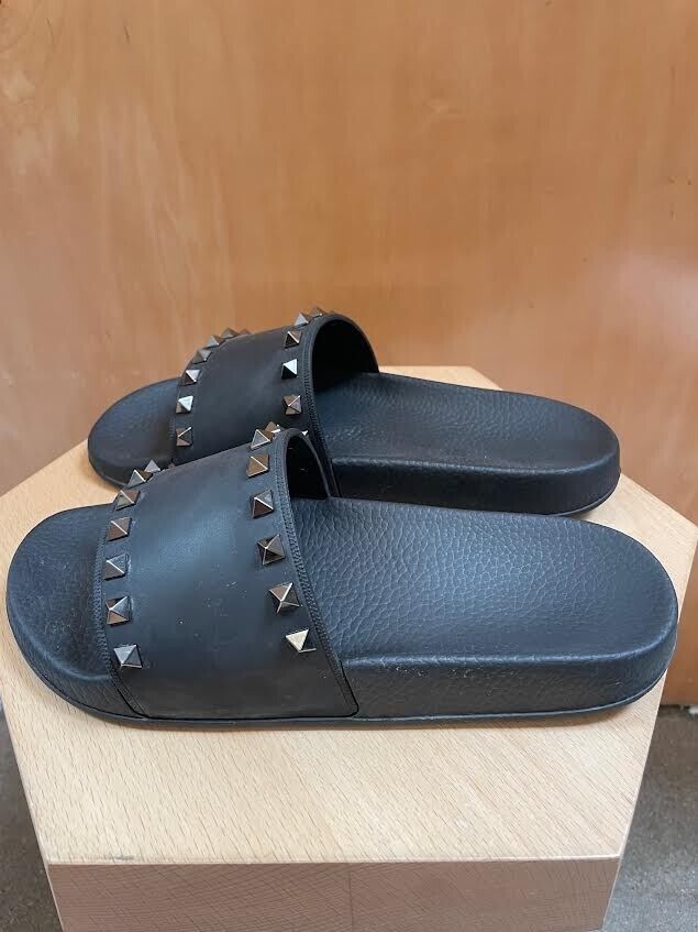VALENTINO Black Rockstud Silver Rubber Flat Pool Slide Sandal Shoe 39/9/8.5