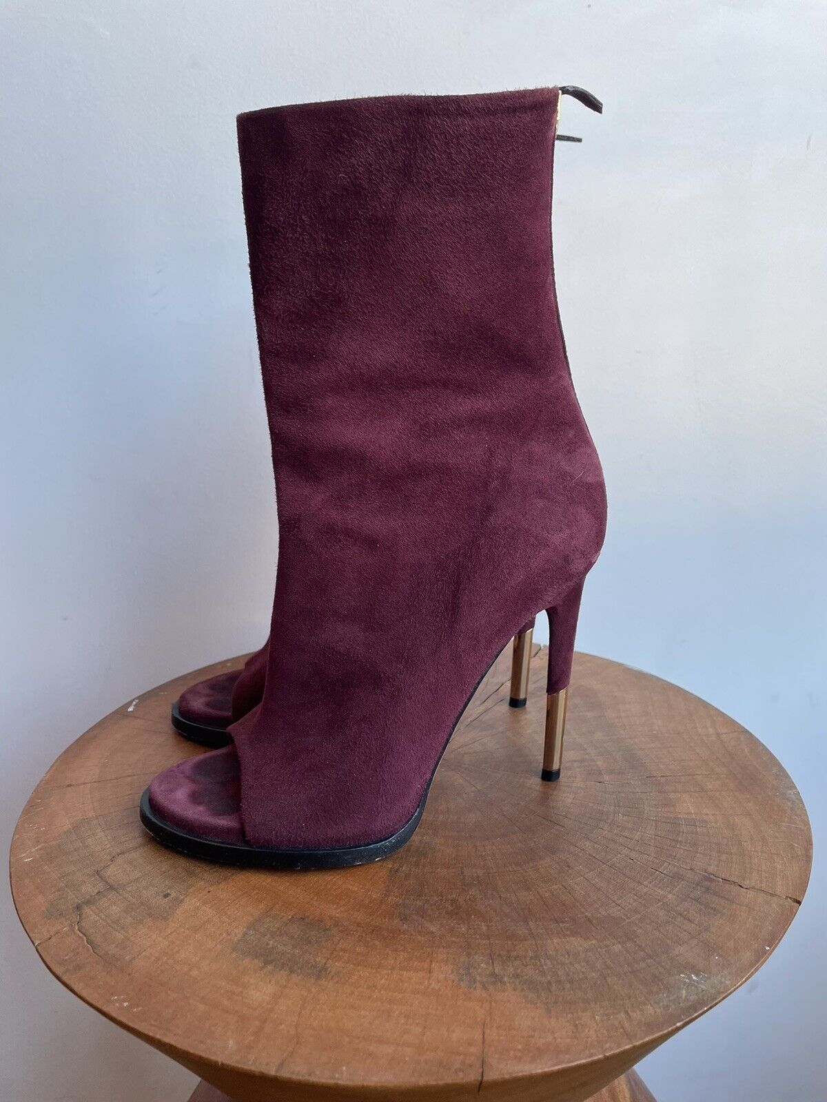 GIVENCHY Purple Burgundy Maroon Suede Leather Peep Toe Stiletto Ankle Boot 37.5