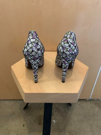 BOTTEGA VENETA Green Purple White Floral Print Quilted Leather Heel Stiletto 38
