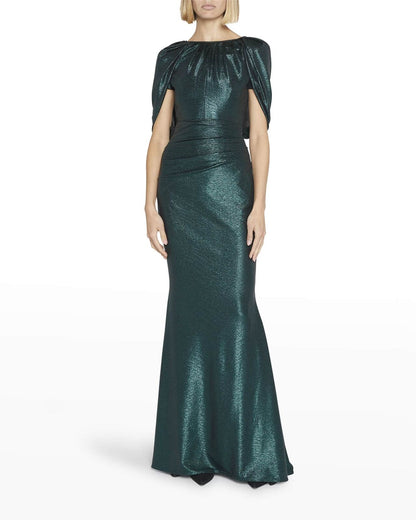 TALBOT RUNHOF $2200 Emerald Green Metallic Mirrorball Capelet Maxi Gown Dress 2