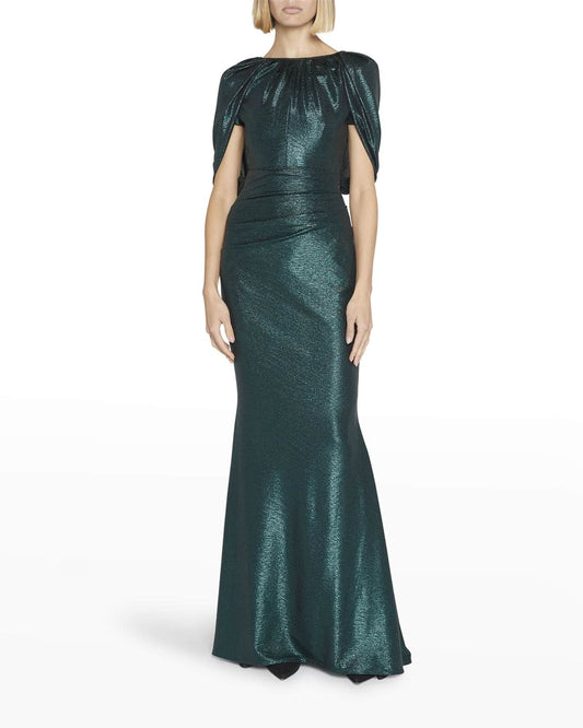 TALBOT RUNHOF $2200 Emerald Green Metallic Mirrorball Capelet Maxi Gown Dress 2