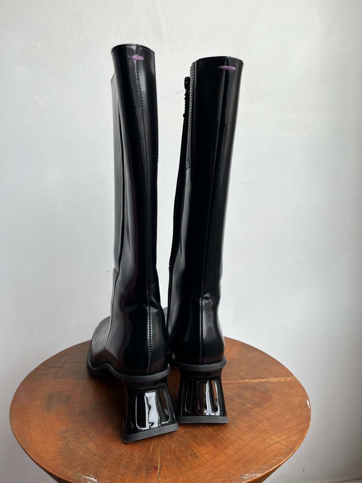 EYTYS Nova Black Patent Leather Square Toe Slant Heel Knee Calf High Boot 36