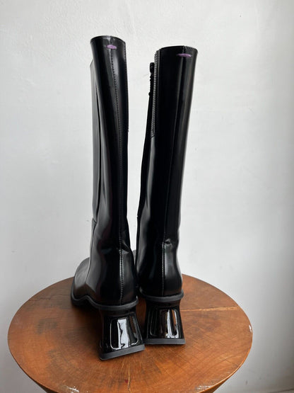 EYTYS Nova Black Patent Leather Square Toe Slant Heel Knee Calf High Boot 36