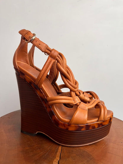 GUCCI Brown Camel Leather Kotao Knot Strappy Tortoiseshell Sandal Wedge Heel 37