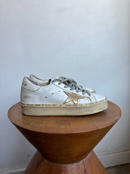 GOLDEN GOOSE Hi Star White Gold Leather Flatform Platform Low Top Sneaker 36