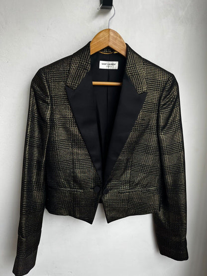 SAINT LAURENT YSL Black Gold Plaid Satin Peaked Lapel Cropped Blazer Jacket 34