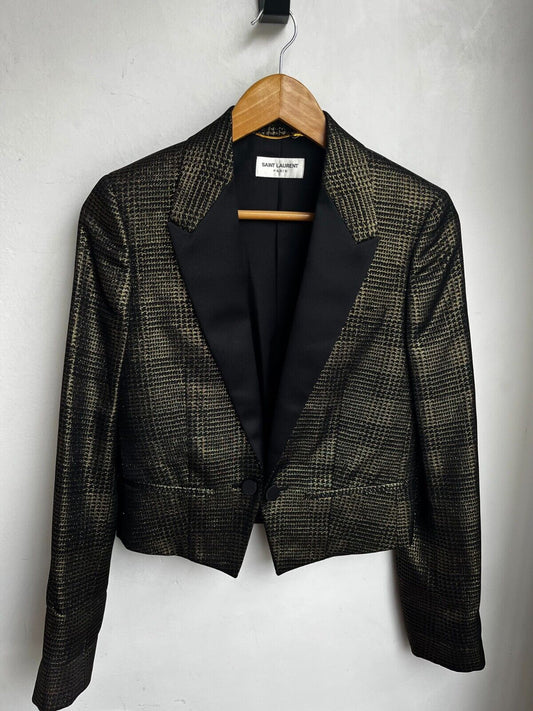 SAINT LAURENT YSL Black Gold Plaid Satin Peaked Lapel Cropped Blazer Jacket 34