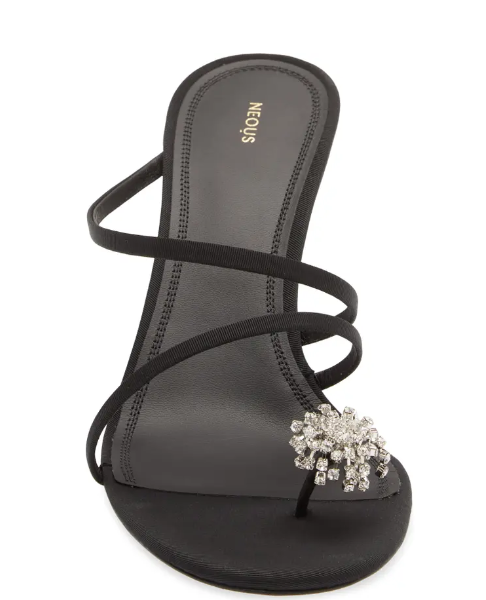 NEOUS NEW Black Crystal Rhinestone Embellished Strappy Toe Loop Slide Heel 36/6