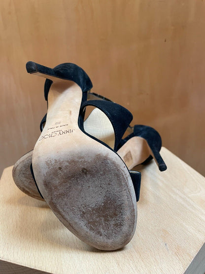 JIMMY CHOO Halo Black Suede Leather Rhinestone Shimmer Cut Out Stiletto Heel 38