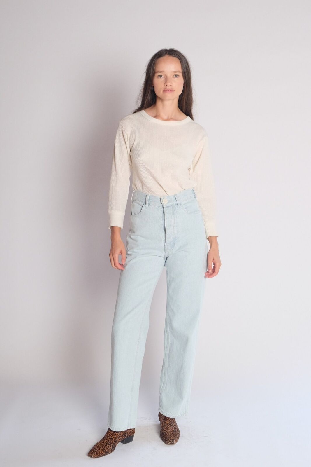JESSE KAMM 225's Light Pale Blue High Waist Straight Slim Leg Denim Pant 0