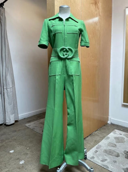 GUCCI Spring 18 Runway Cady Green Silk Wool Short Sleeve Belted Jumpsuit 38/2/0