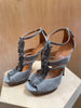 GUCCI Rare Gray Suede Leather Fringe TStrap Strappy Cut Out Heel Shoe 37.5/7.5