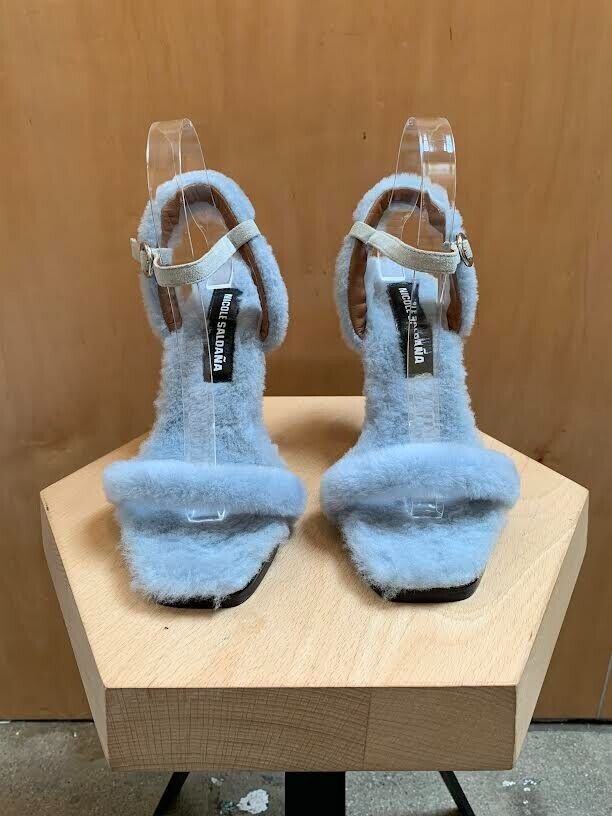 NICOLE SALDAÑA Dylan Shearling Faux Fur  Baby Blue Garmentory Sandal Heel 38/8