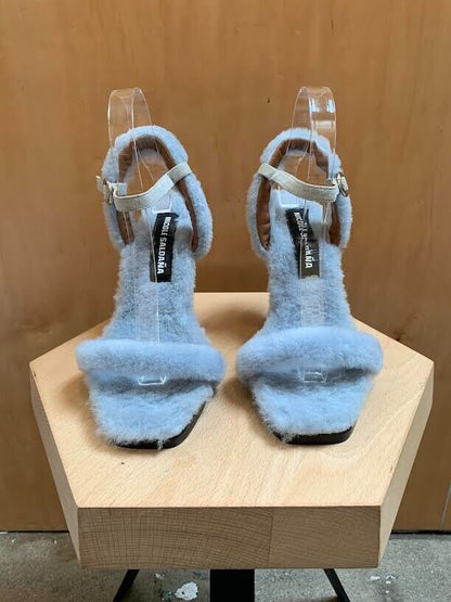 NICOLE SALDAÑA Dylan Shearling Faux Fur  Baby Blue Garmentory Sandal Heel 38/8