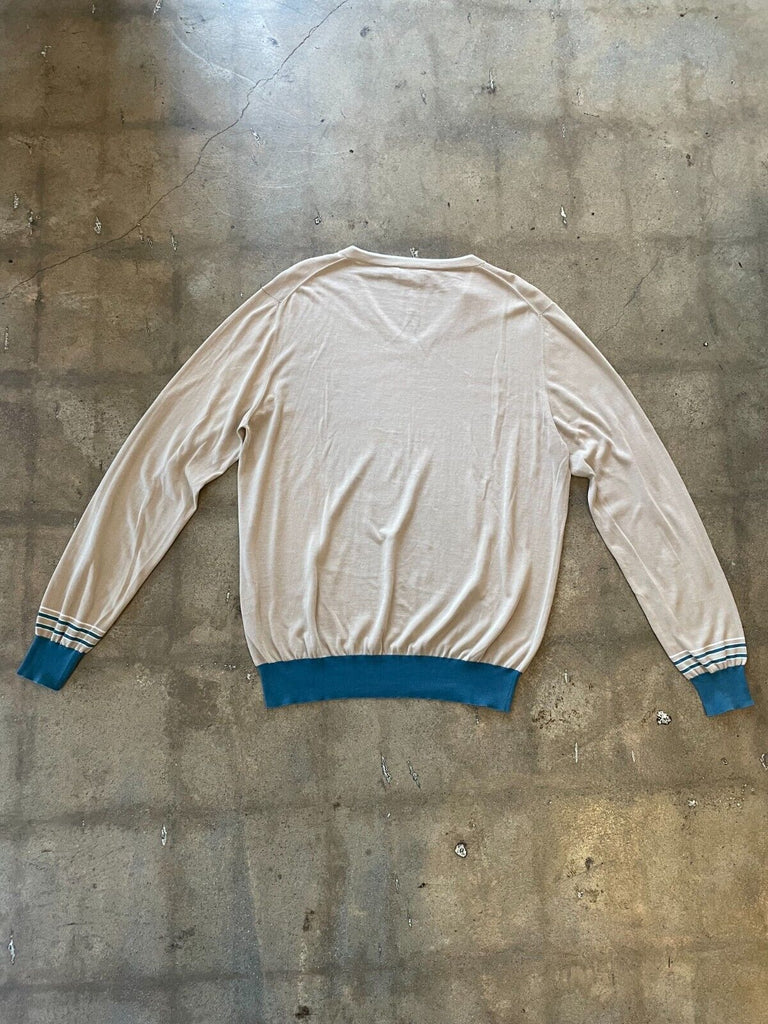 HERMES Men's Beige Blue V-Neck Cotton Stripe Vtg Knit Pullover Jumper Sweater XL