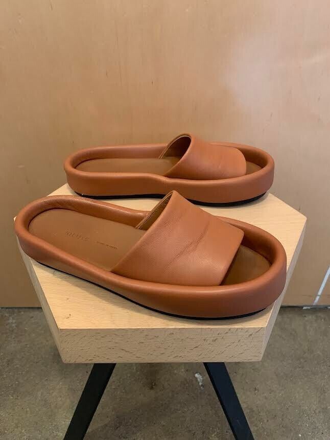KHAITE Venice Pool Brown Camel Raised Leather Platform Flat Slide Sandal Shoe 36