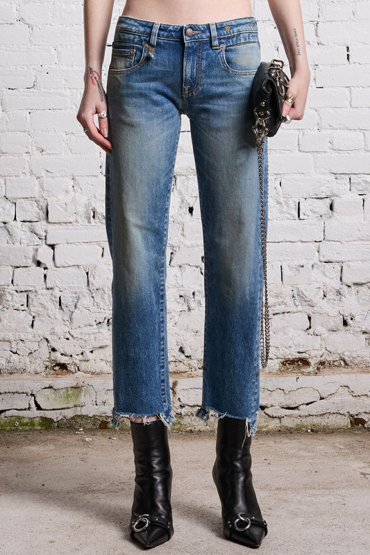 R13 Boy Straight With Rips Jasper Stretch Wash Chewed Hem Straight Denim Jean 27