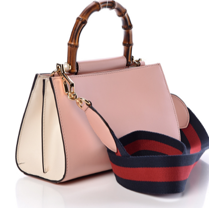 GUCCI NEW Nymphaea Pink Leather Bamboo Handle Web Stripe Shoulder Bag Purse