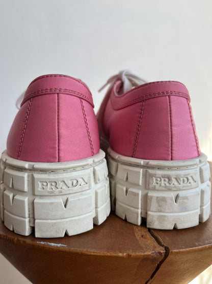 PRADA Double Wheel Gabardine Begonia Pink Nylon Platform Lug Sole Sneaker 38