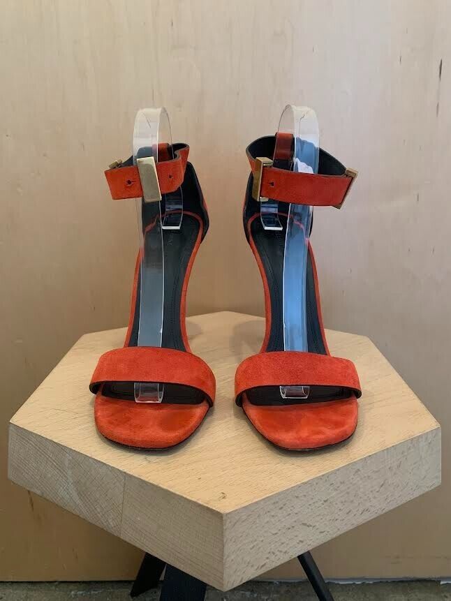 CELINE Suede Leather Phoebe Philo Red Coral Ankle Strap Heel Sandal Pump 40