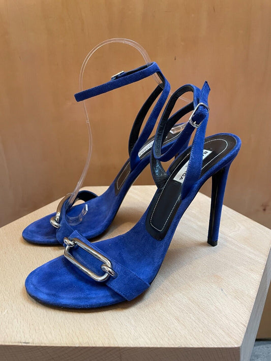 BALENCIAGA Blue Suede Silver Buckle Strappy Open Toe Stiletto Sandal Heel 37.5