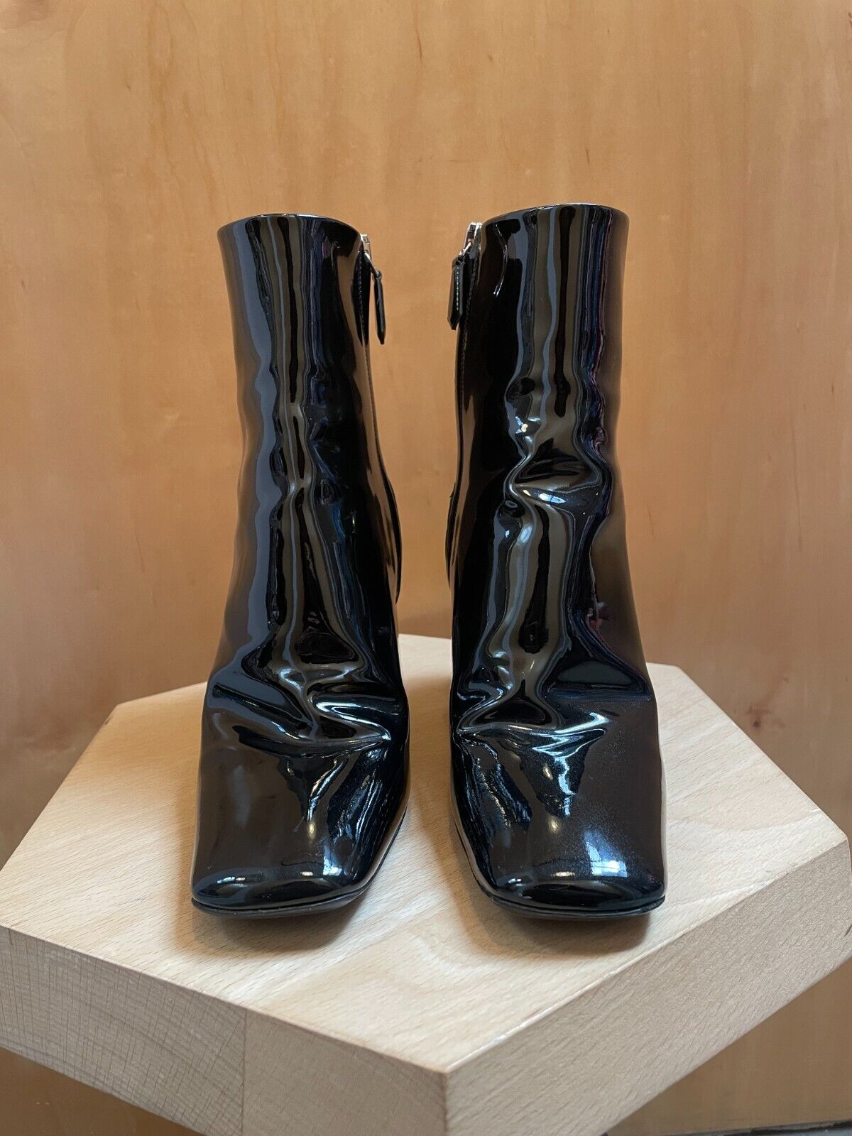 PRADA Black Patent Leather Square Toe Chunky Heel Ankle Bootie Boot 36