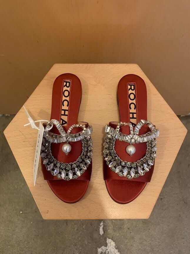 ROCHAS NWT $1,300 Berry Red Crystal/Pearl Embellished Silk Mule Flat Slide 35.5