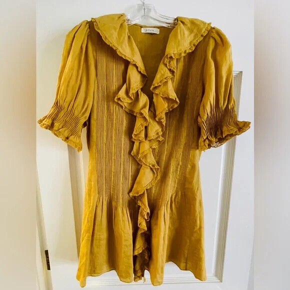 DOEN Piper Semolina Mustard Yellow Poet Pleated Ruffle SS Ramie Mini Dress M
