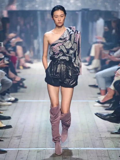 ISABEL MARANT SS19 Joren Black Pink Grey Floral Print One Shoulder Blouse 34/0/2