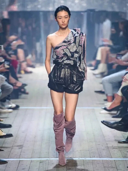 ISABEL MARANT SS19 Joren Black Pink Grey Floral Print One Shoulder Blouse 34/0/2