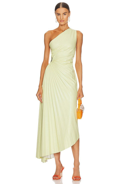 ALC A.L.C. Delfina Canary Yellow Vegan Faux Leather One Shoulder Pleated Dress M