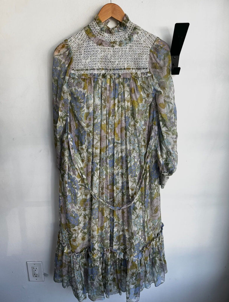 ZIMMERMANN NWT Super Eight Silk Floral Print Shirred Belted Bow Midi Dress 0/XS