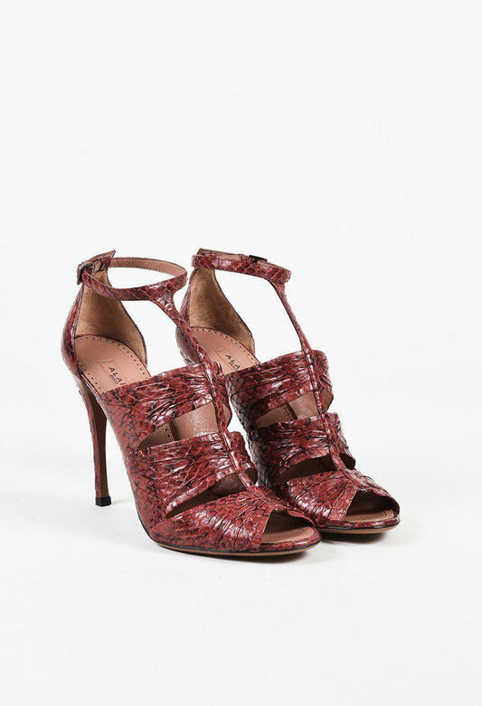 ALAIA Cerise Red Snakeskin Animal Print TStrap Strappy Sandal Heel 6.5/7/37