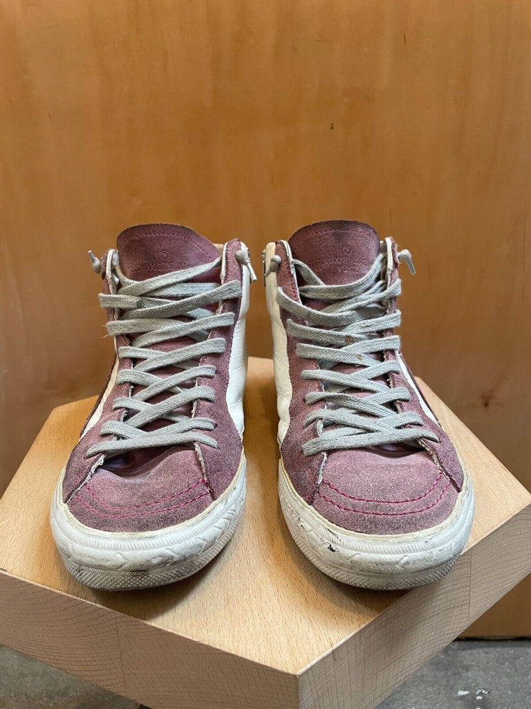 GOLDEN GOOSE Slide Pink White Suede Leather Lace Up Womens High Top Sneaker 38
